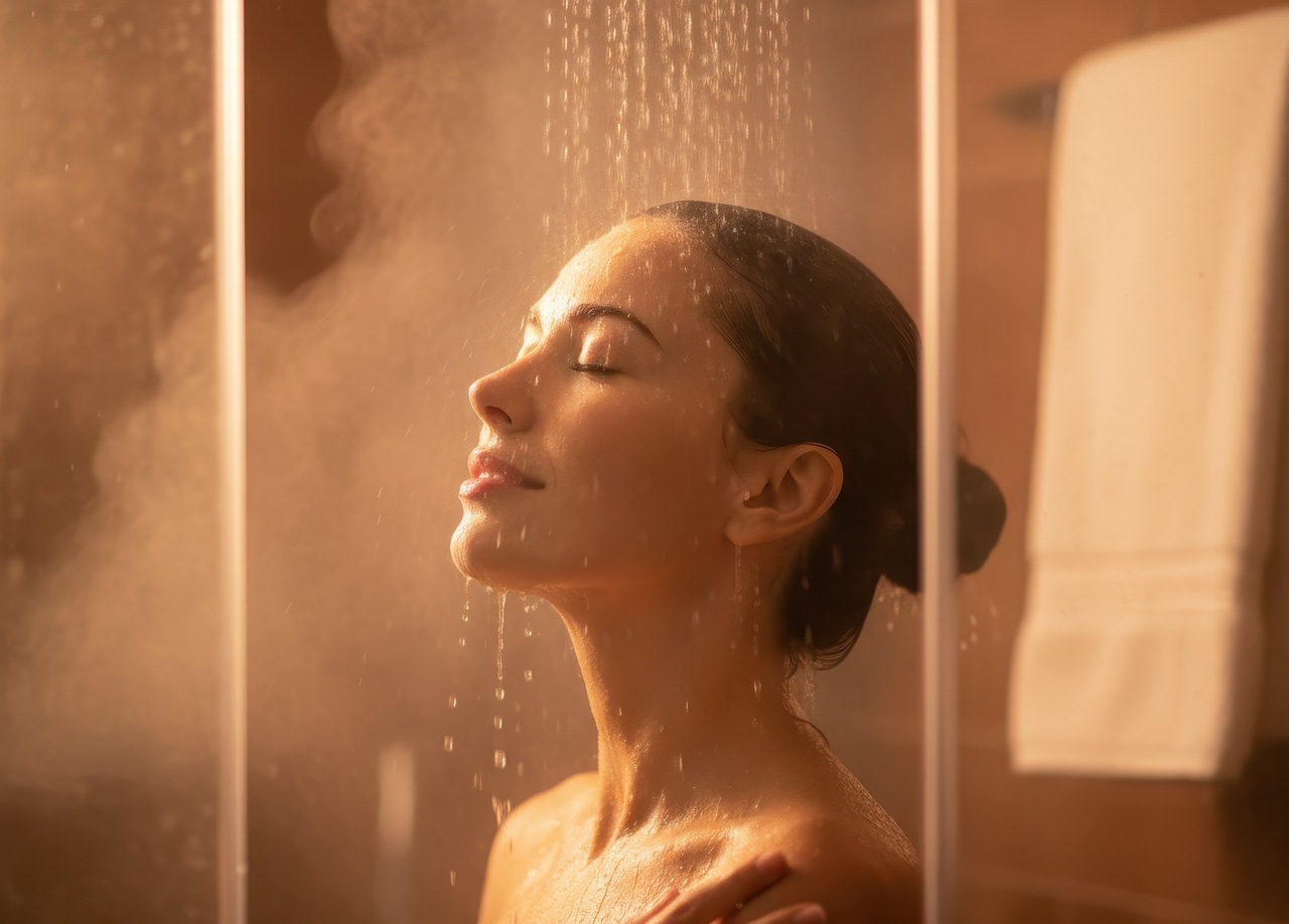 Woman enjoying a warm, steamy shower with a relaxed smile, showing the comfort of unlimited hot water supply.
