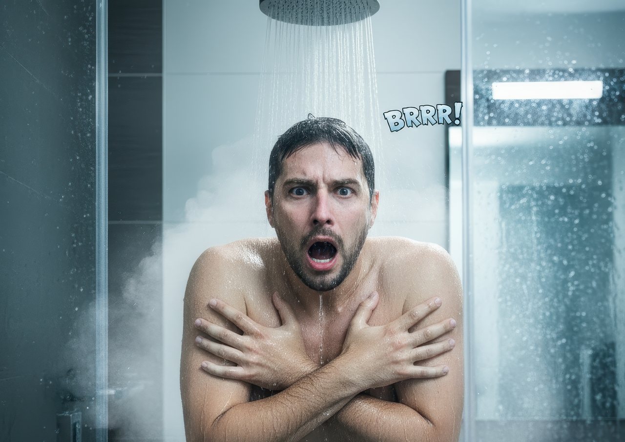 Surprised man standing under a cold shower, shivering and crossing his arms as steam rises, with “BRRR!” text beside him.