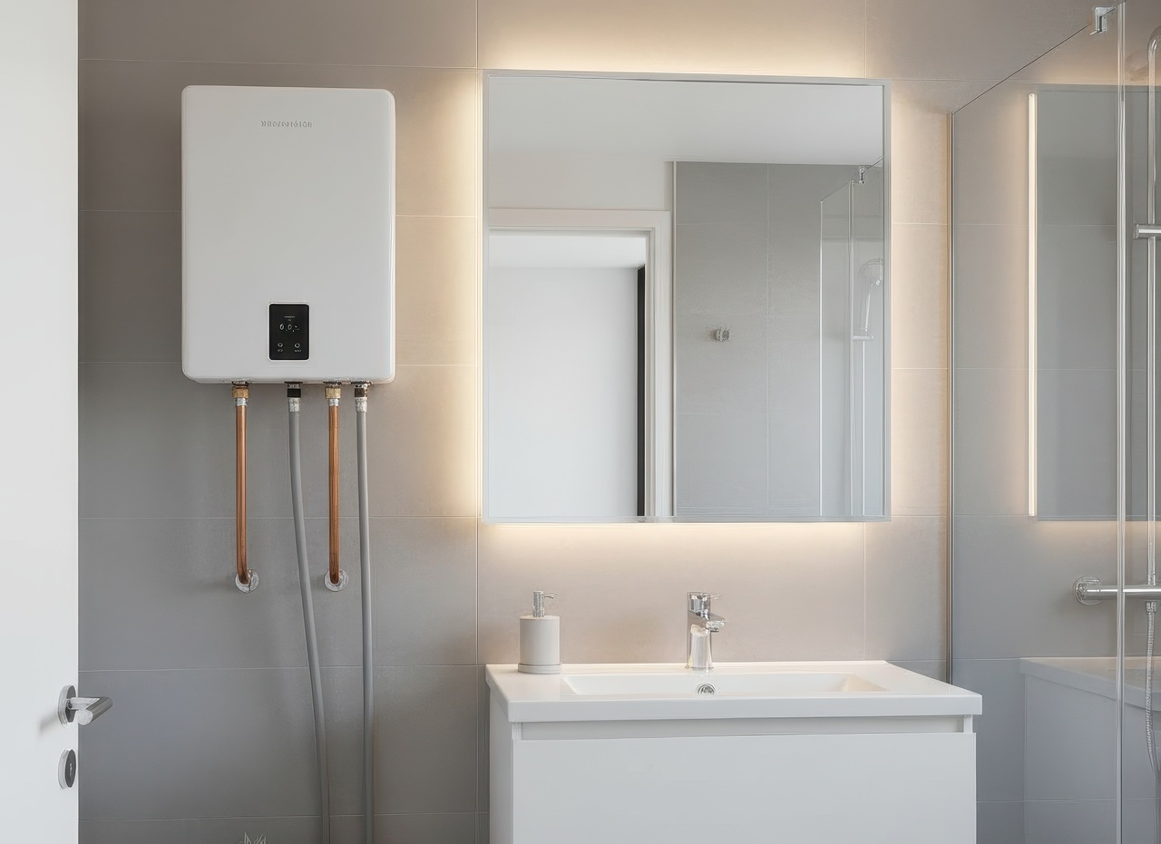 Modern bathroom with a compact tankless water heater mounted on the wall above a sink, showing its space-saving design.