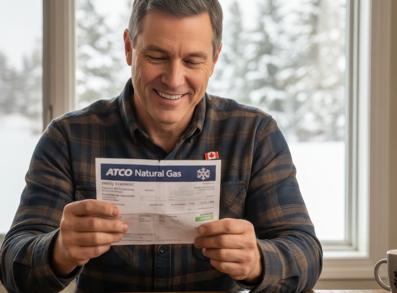 Man smiling while looking at his ATCO Natural Gas bill, showing savings from using an energy-efficient tankless water heater.