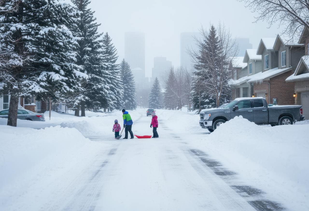 Family walking through a snow-covered suburban street in winter, with snowy trees and Calgary’s downtown skyline faintly visible.