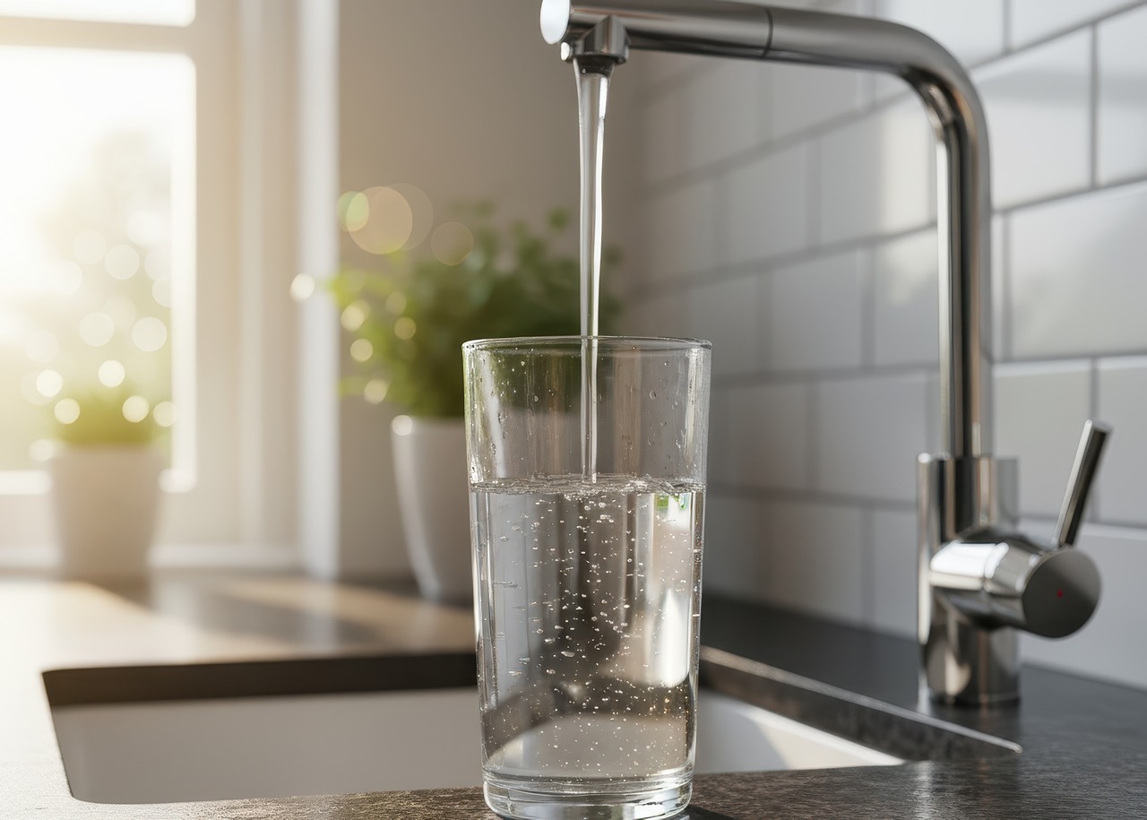 Close-up of a kitchen faucet filling a clear glass with fresh, clean water, sunlight shining through a bright modern kitchen.
