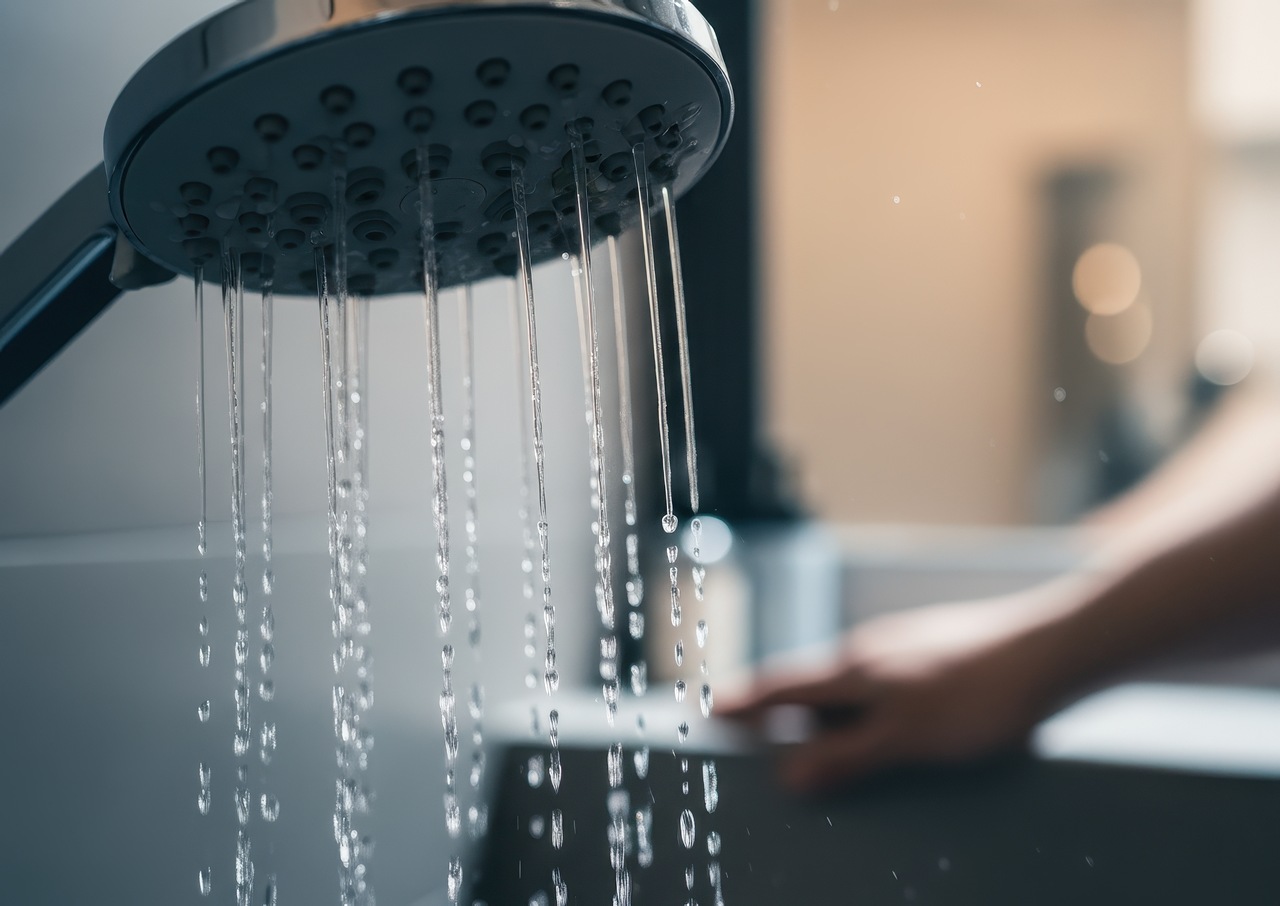 Close-up of a modern showerhead with water flowing, representing steady hot water output from a tankless water heater.