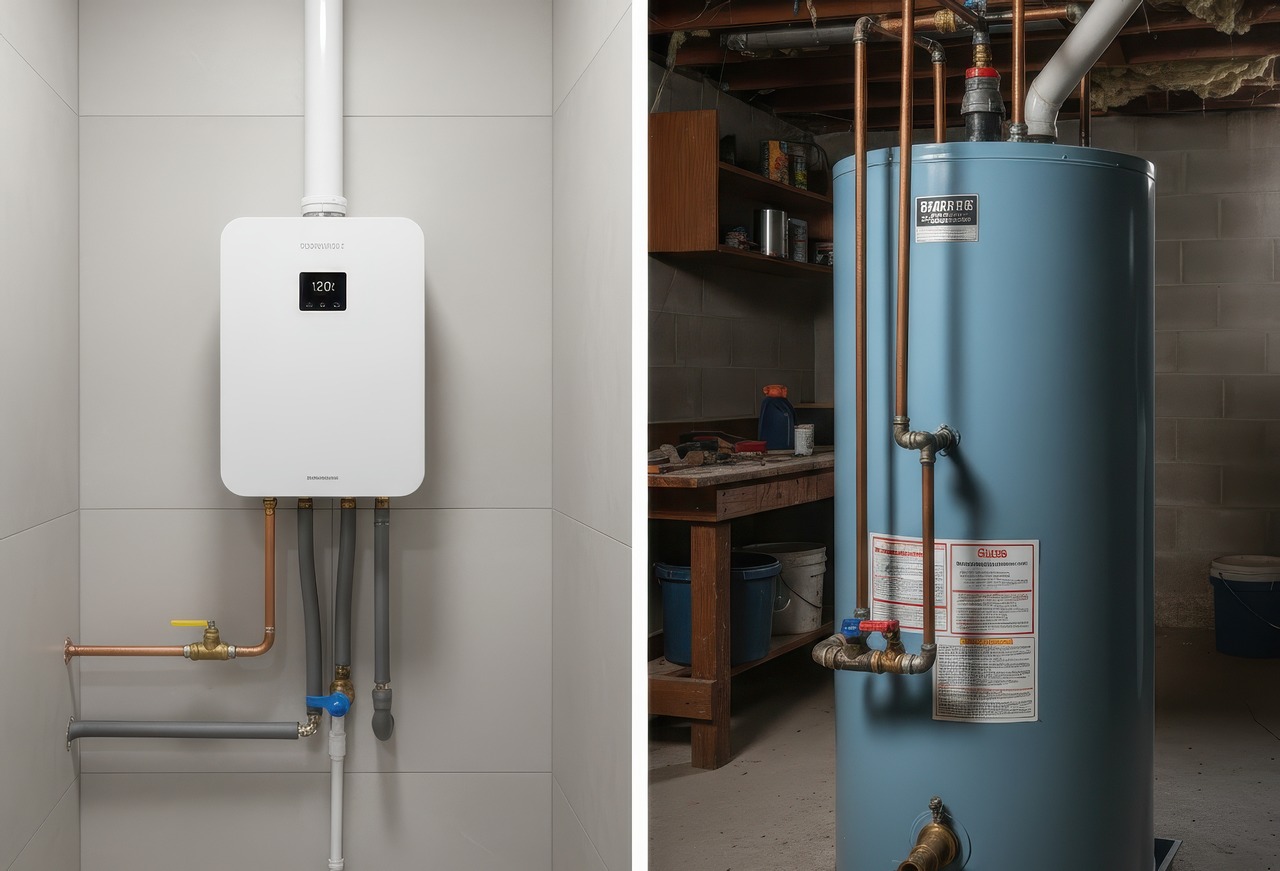 Side-by-side comparison of a modern tankless water heater and a traditional tank-style unit, showing efficiency and size differences.