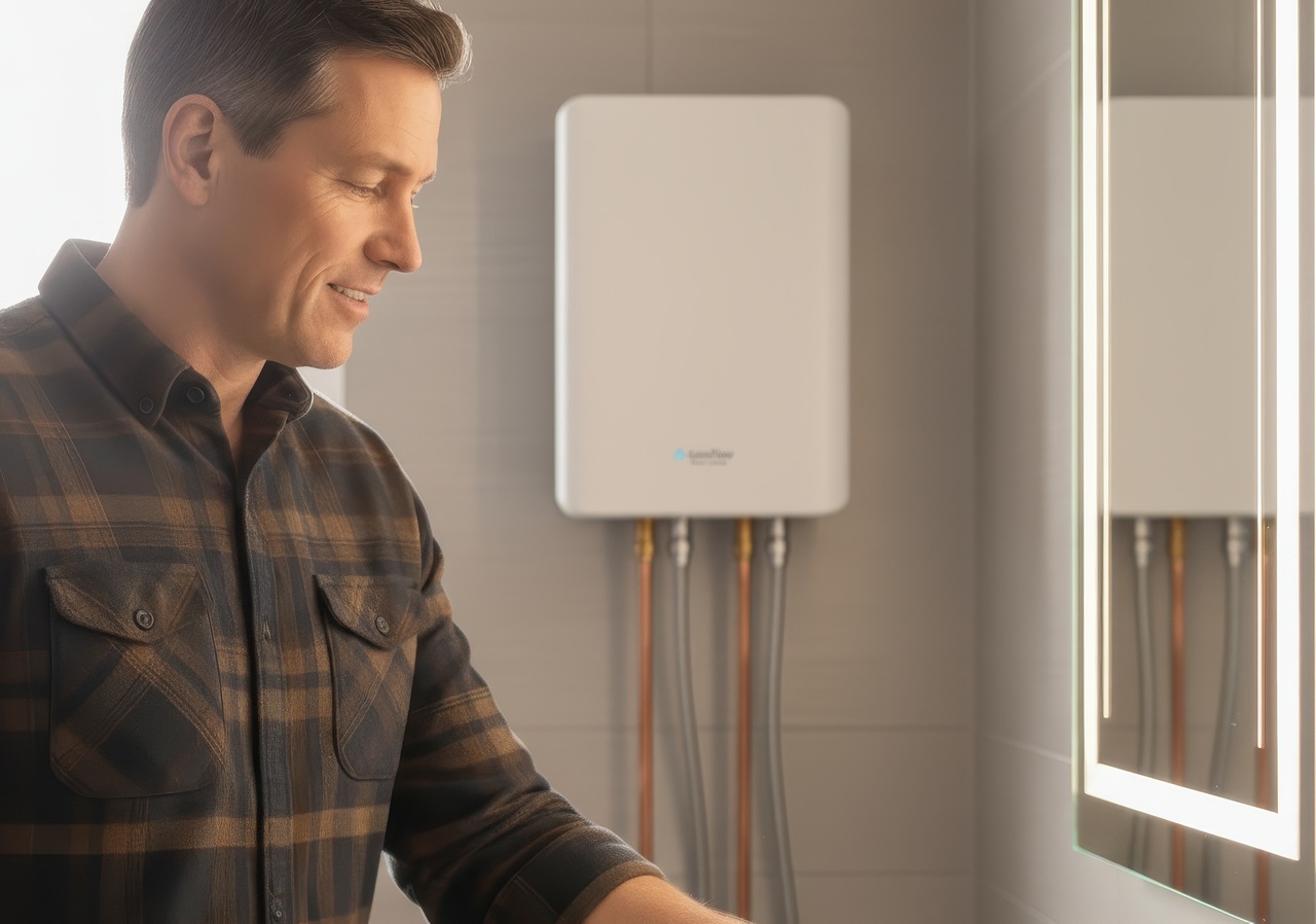 Man in a plaid shirt smiling beside a modern tankless water heater in a Calgary home, highlighting comfort and energy efficiency.