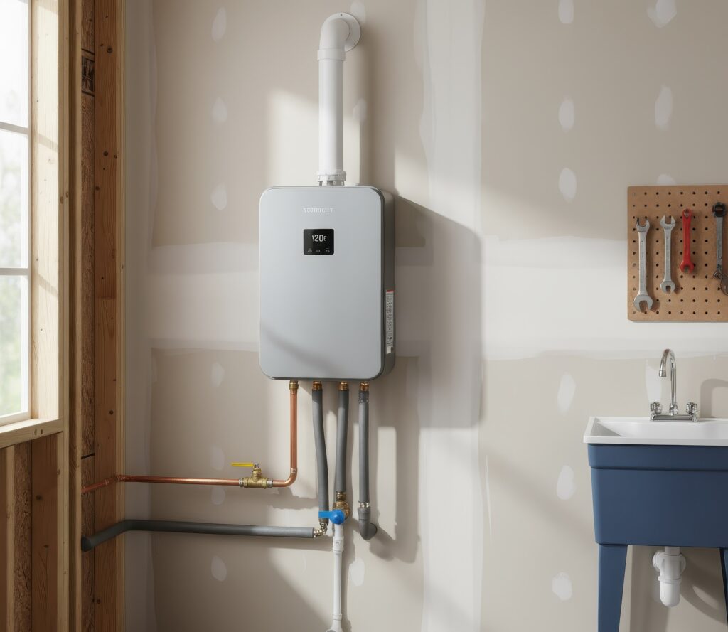 Modern tankless water heater installed in a bright utility room beside a sink and tool board, showing efficient setup.