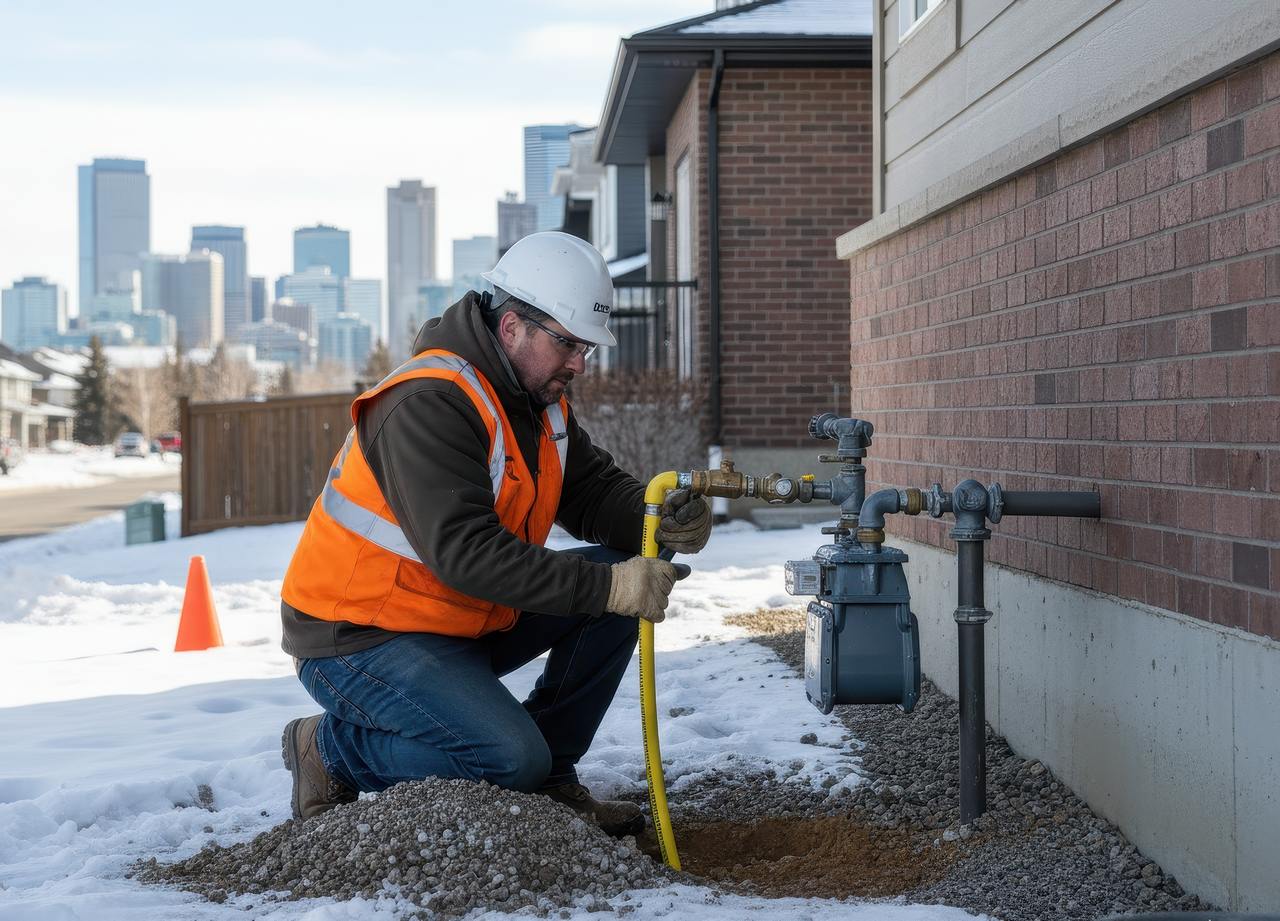 Technician in safety gear upgrades a natural gas line outside a Calgary home on a snowy day, with city skyline in the background.