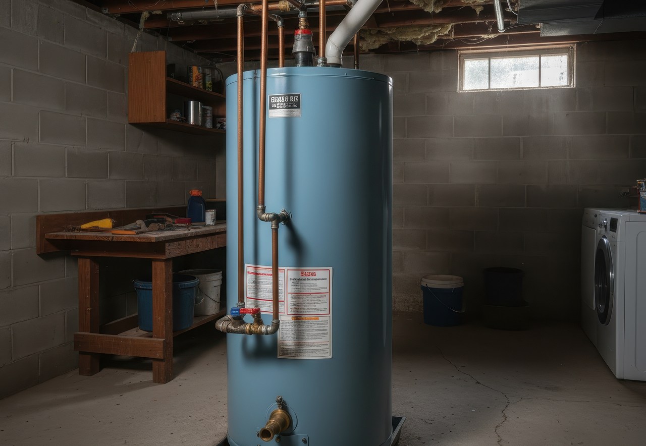 A blue hot water tank installed in a dimly lit Calgary basement, beside a workbench, pipes, and a laundry area.