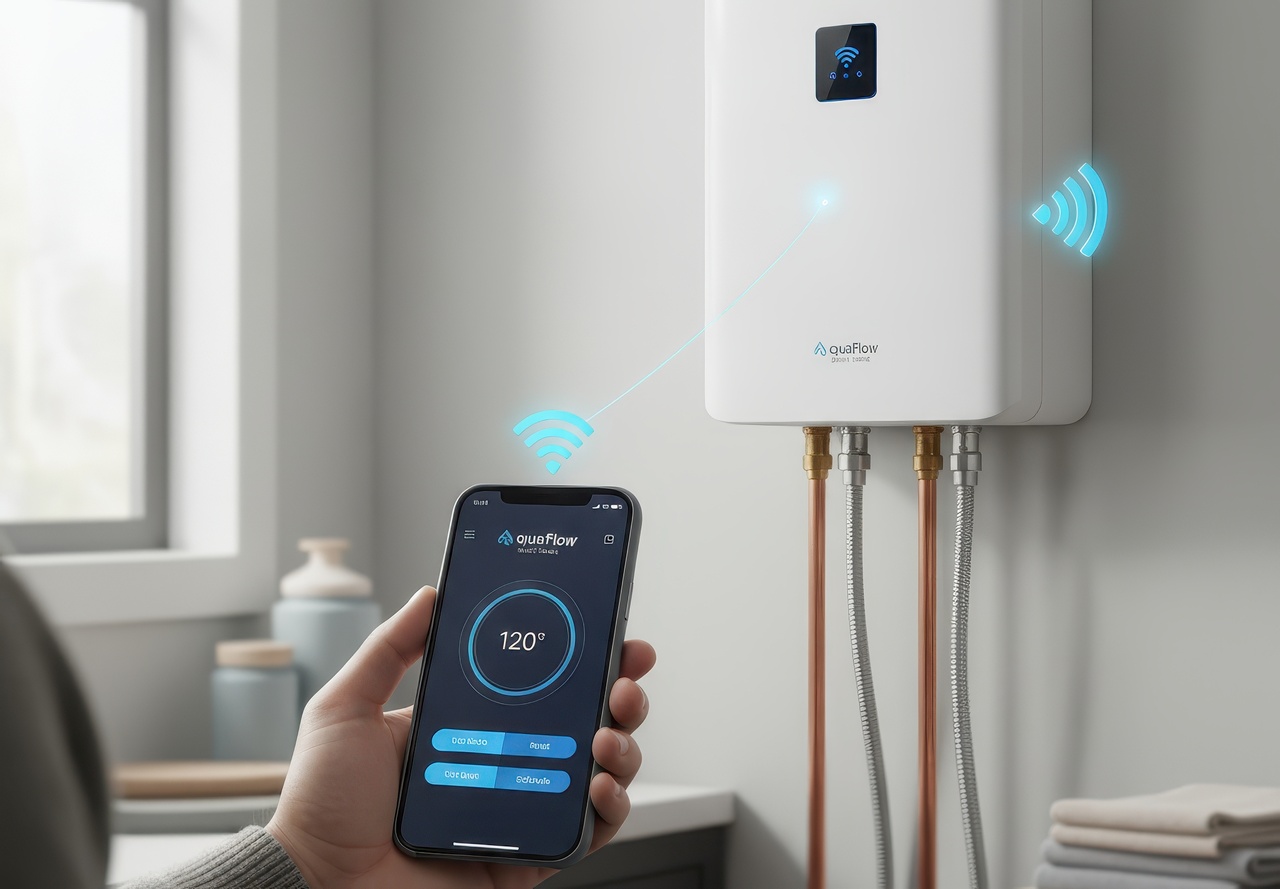 Person adjusting a Wi-Fi-enabled tankless water heater using a smartphone app, showing smart temperature control at 120°F.