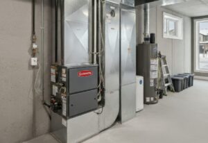 Modern HVAC system and water heater installed in a residential basement, with natural light coming through large windows.