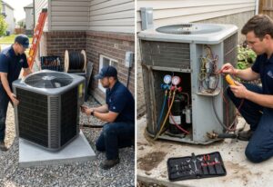 Side-by-side images showing signs its time to replace your ac unit as HVAC technicians service residential cooling systems outdoors.