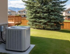 Outdoor air conditioning unit beside a suburban home, showing how long should an AC unit last in a grassy backyard.