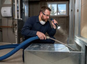 A technician wearing protective gear cleans inside a metal HVAC duct using a vacuum hose while inspecting the area with a flashlight. The scene shows residential duct cleaning Calgary service.
